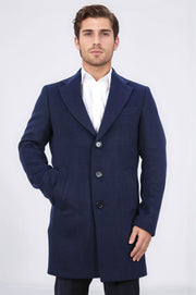 üç düğmeli mono yaka yün ve kaşmir karışımlı lacivert kaban